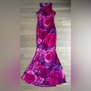 F21 Sheer Floral pink/purple bodycon maxi dress | small